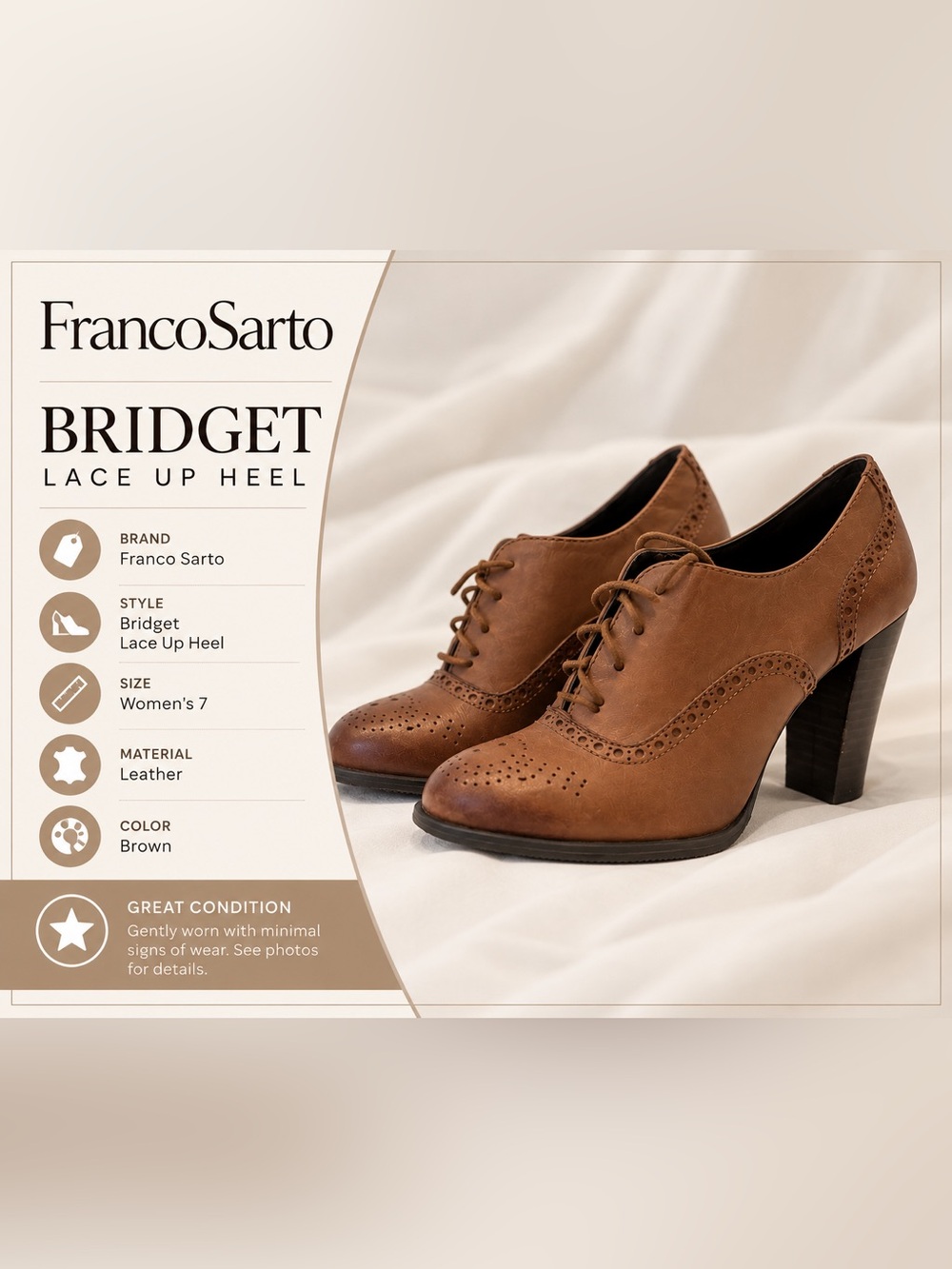 Franco Sarto Bridget Leather Lace Up Oxford Heels Size 7 Brown